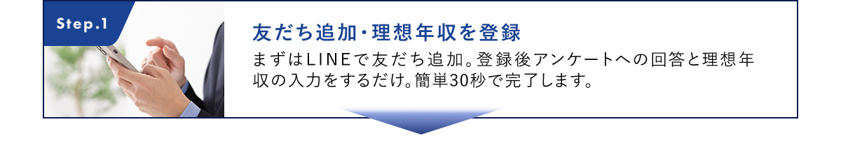 Step.1 友だち追加・理想年収を登録 まずはLINEで友だち追加。登録後アンケートへの回答と理想年収の入力をするだけ。簡単30秒で完了します。