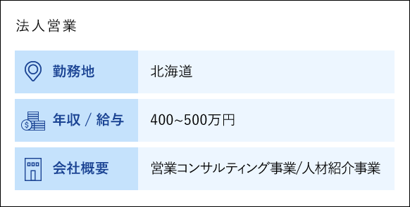 法人営業 勤務地 北海道 年収／給与 400から500万円 会社概要 営業コンサルティング事業/人材紹介事業